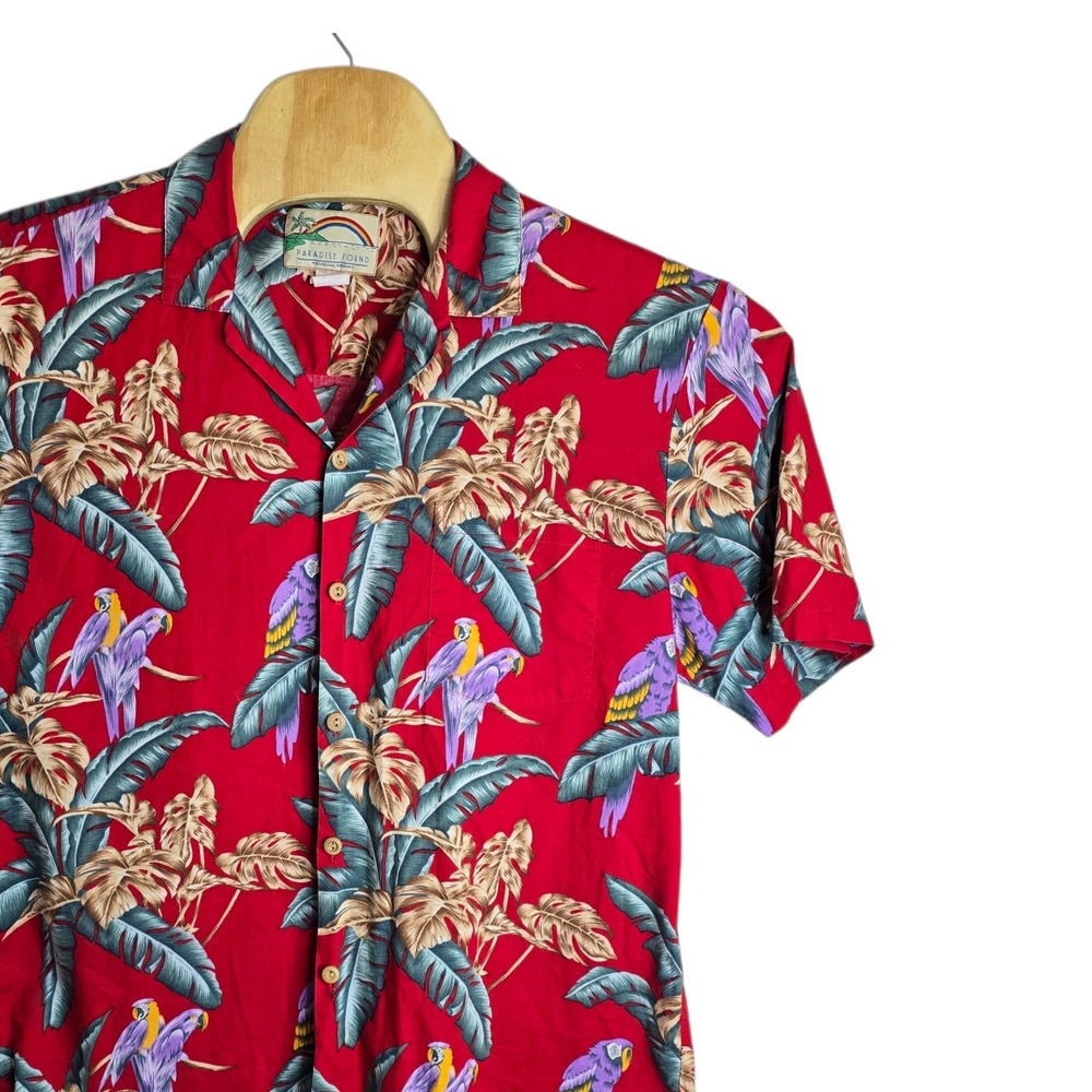 Paradise Found Mens Red Parrot Tropical Hawaiian Shirt Cotton Made in Hawaii L